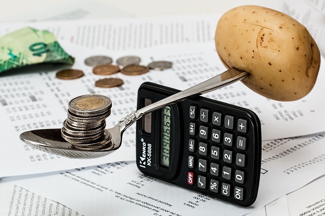 kalkulačka, brambora a peníze